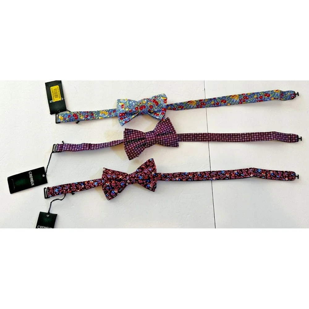 Cremieux Bow Tie Floral Geometric 100% Silk Set of 3 Blue Burgundy Yellow NEW